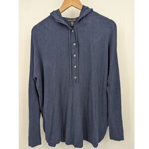 Eileen Fisher Blue Knit Hooded Pullover Women’s Size M Soft Italian Yarn Cozy